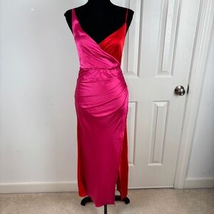 Petal & Pup Lipa Colorblock Midi Slip Dress Pink Red V-Neck Slit Size S NWOT